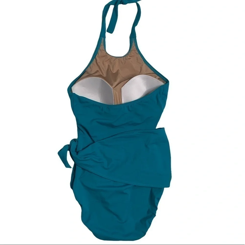 NWT Hermoza Genevieve Teal Waist Tie Halter One Piece Bathing Suit